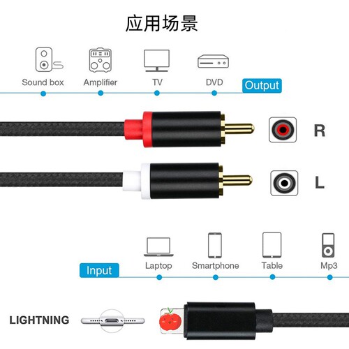 Suitable for silver-plated Apple to dual RCA double Lotus audio cable one-half coaxial mobile phone computer audio adapter cable
