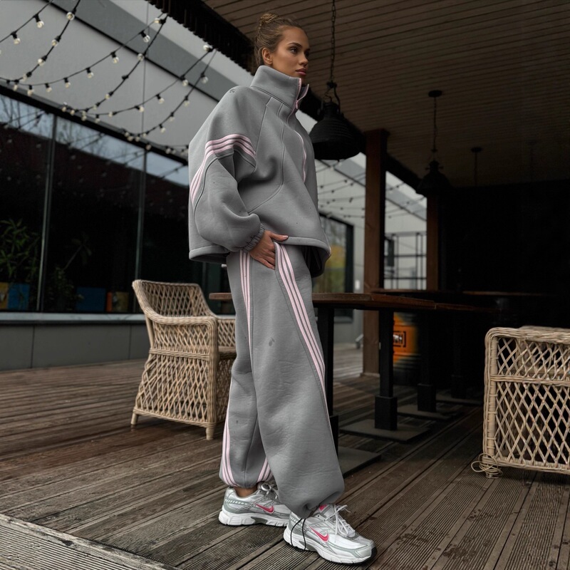 Cross-Border Casual Women's Clothing Autumn/Winter 2026 Independent Site Hot-Selling Striped Color-Block Stand-Collar Jacket and Elastic Long Pants Set