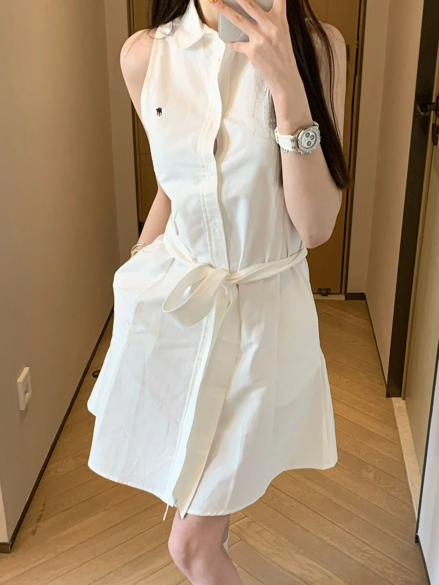 Polo Ralph Lauren A-Line Skirt Belted Oxford Sleeveless Shirt White