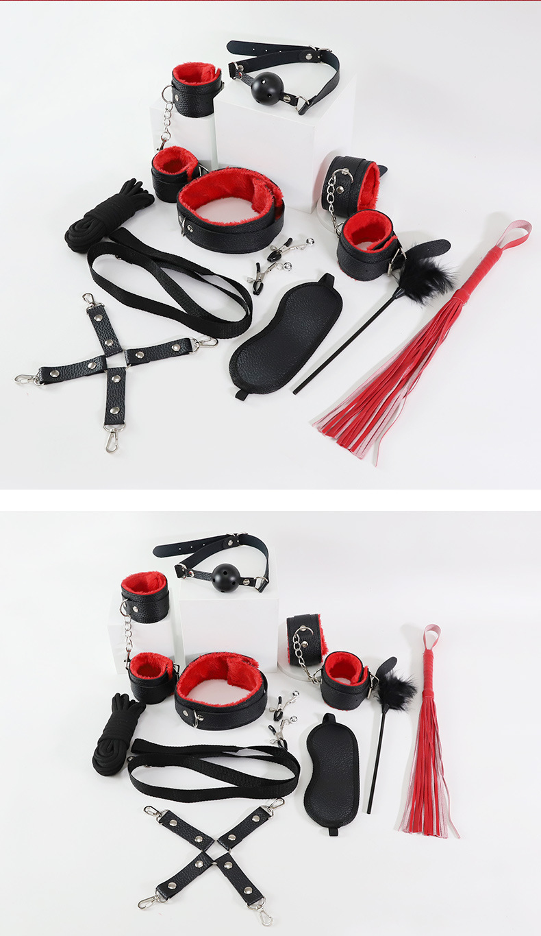 SM Black-Red 10-Piece Bondage Set with PU Leather Nipple Clamps and Handcuffs — detail image 27