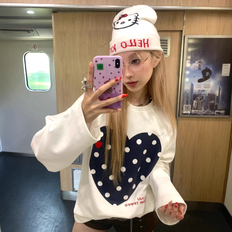 Plus-Size American Retro Polka Dot Heart Long-Sleeve T-Shirt for Women, Autumn Lazy Loose Casual Pure Cotton Top Plus-Size American Retro Polka Dot Heart Long-Sleeve T-Shirt for Women, Autumn Lazy Loose Casual Pure Cotton Top