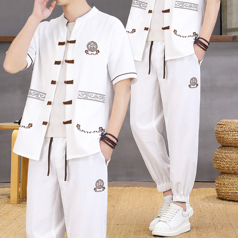 Summer Men's Suit Chinese Style Casual Cardigan Short-Sleeved Ethnic Style Men's Clothing Hanfu Retro Tang Suit Two-Piece Trendy Set
