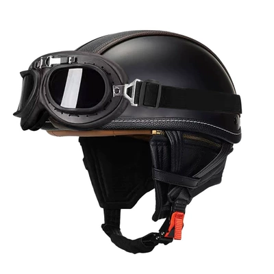 Handmade Leather Helmet Motosiklet kaskı (dəbilqə) - matte-black-leather-black-frame-mirror-s