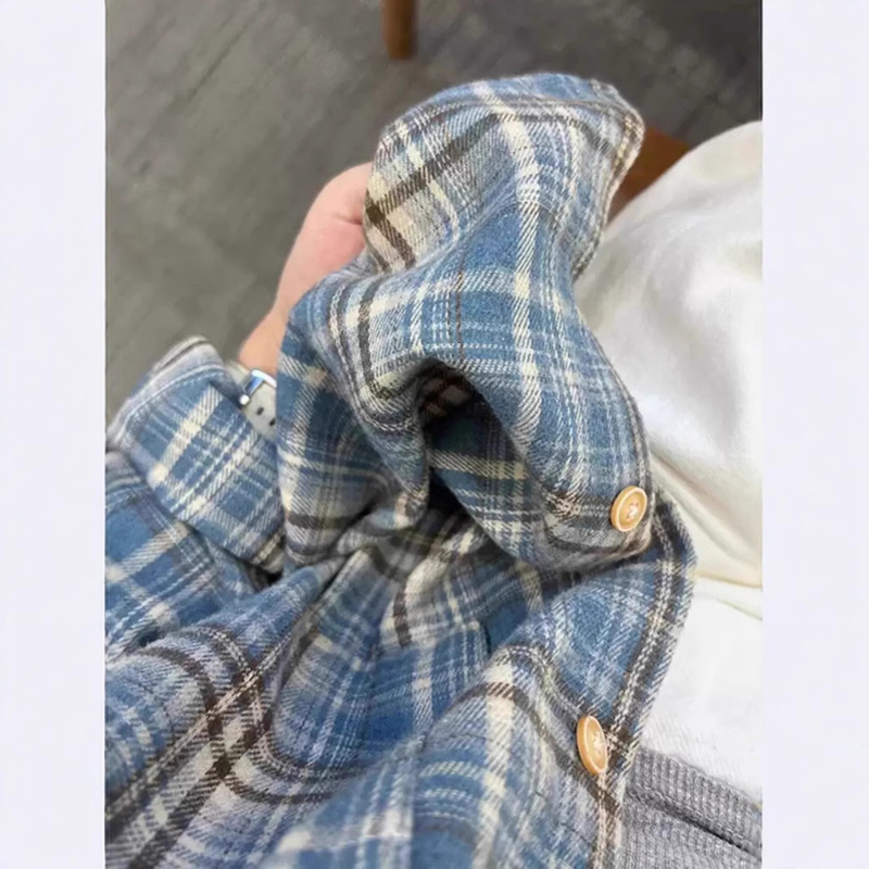 American Retro Plaid Shirt for Women 2025 New Spring & Fall Wear High-End Inner Long-Sleeved Shirt Brushed Jacket