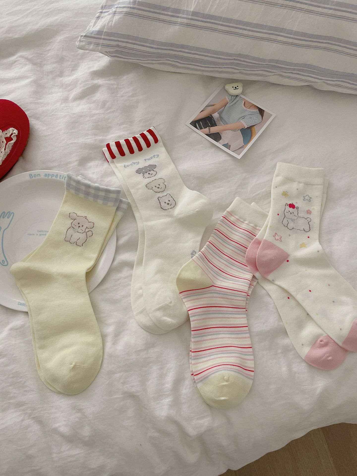 Retro Kawaii Pastel Cotton Lucky Puppy Crew Socks Set for Preppy Styling Detail View 1