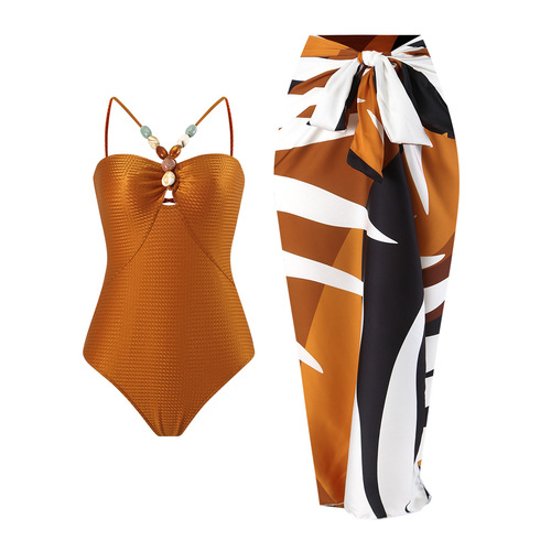 2024 European and American Women's One-Piece Swimsuit Multicolor Mesh Diamond Strap French Two-Piece Long Dress Bikini
