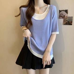 150kg Short-Sleeved Shirt Women's Mid-Length Extra Large Size Fat Summer New Style Stitching Contrasting Fake Two-Piece Tops for Women