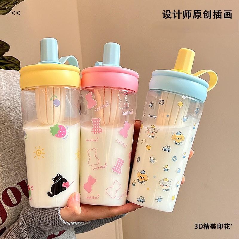 ハンドル付きティーバンクウォーターカップ、見栄えの良い漫画学生ダブルコンパートメントプラスチックウォーターカップ、大容量茶水分離ストローカップ|undefined