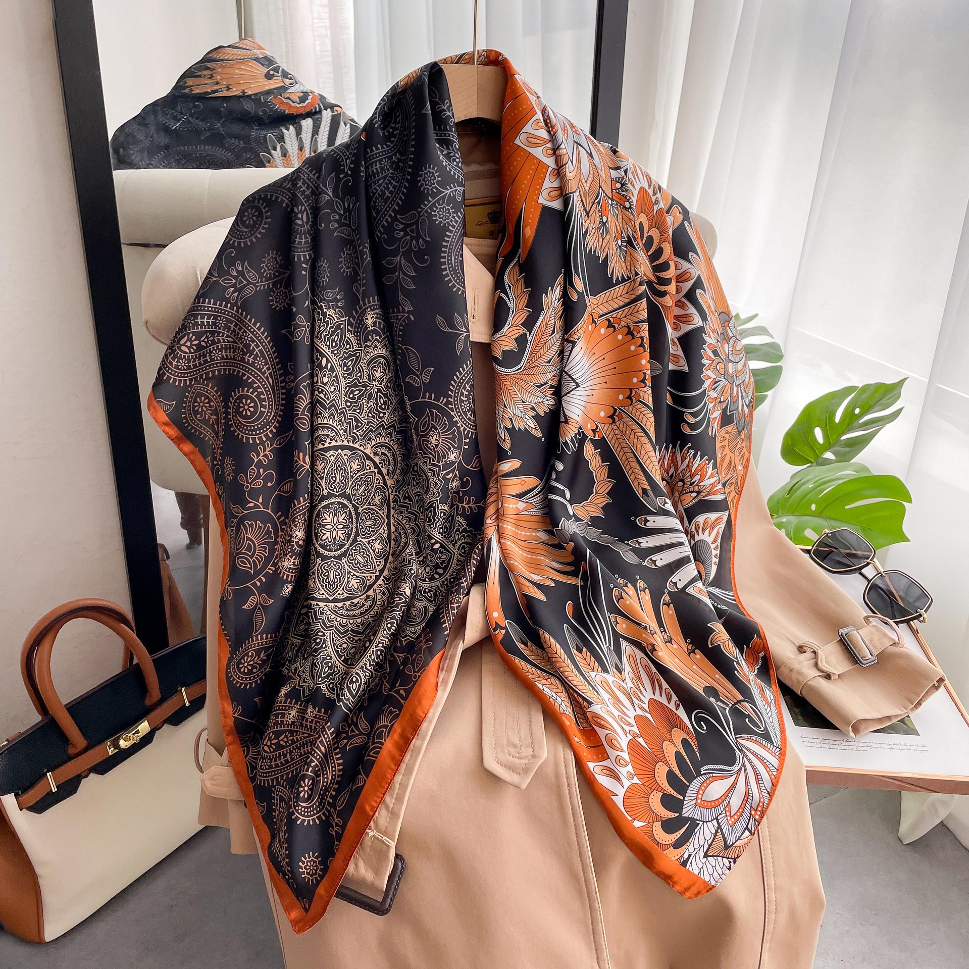 Long Silk Scarf For Women Beach Sun Protection Shawl Patterned_voghion.com