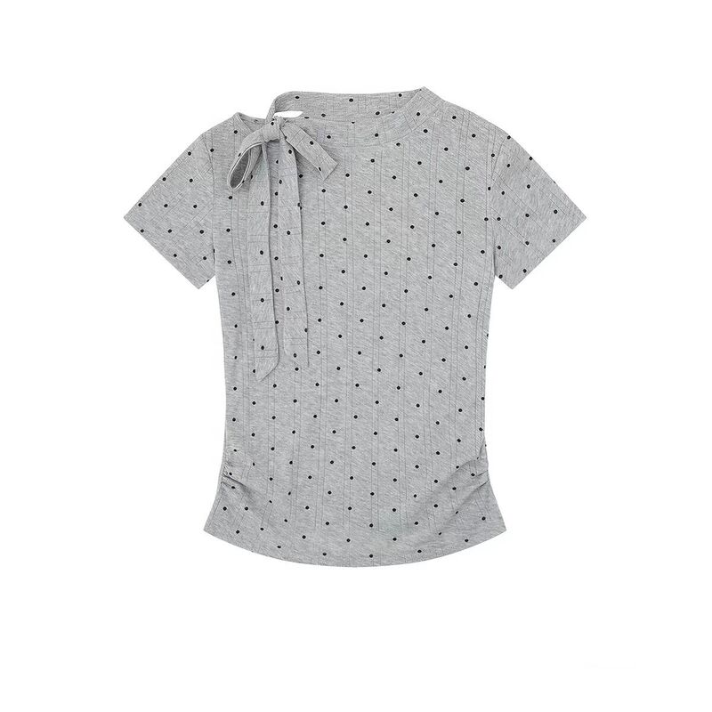 Zhuoze Wholesale [Original Fabric Diamond Jacquard 210g] Korean Style Polka Dot Bow Tie Short-Sleeve T-Shirt