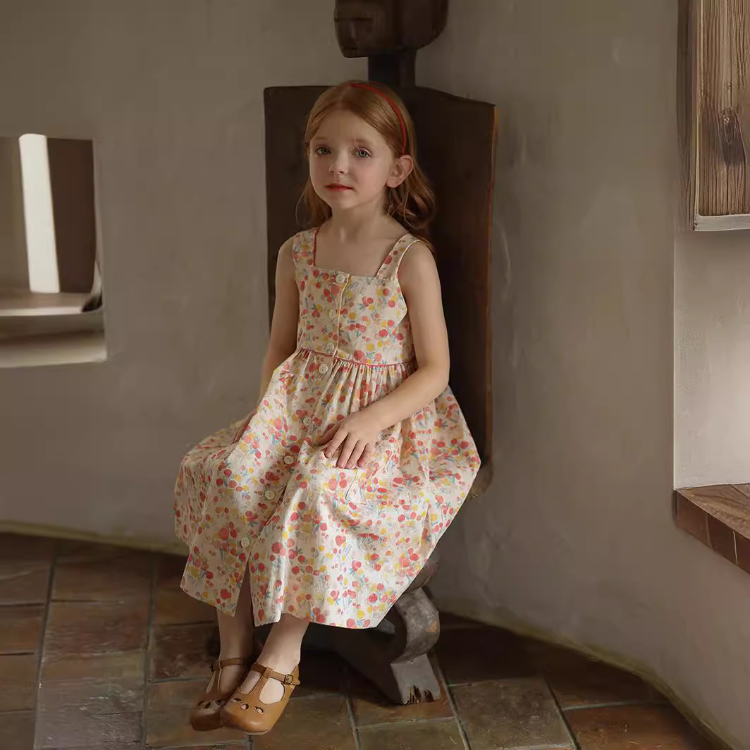 Gera ropa para niños vestido de honda para niñas 2024 verano para niños de estilo coreano cuello cuadrado vestido de chaleco impreso entrega de una pieza