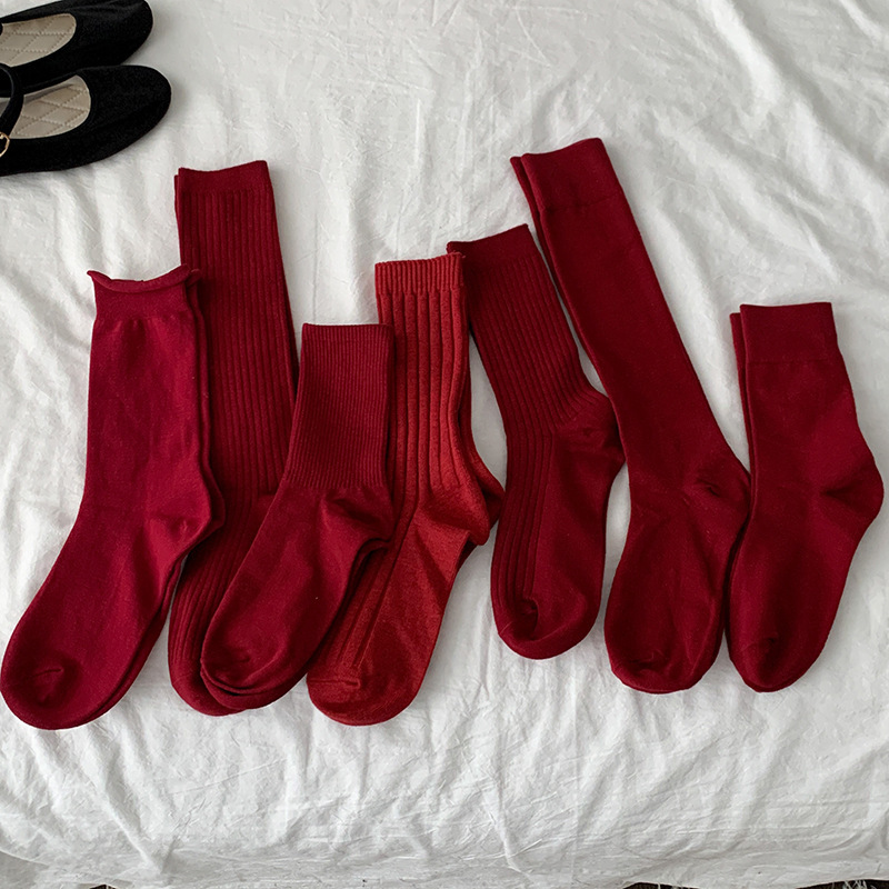Ancora Red Calf Socks Women's Vertical Striped Mid-length Socks Solid Color Spring and Autumn wine red Stacked Socks Slimming Stockings