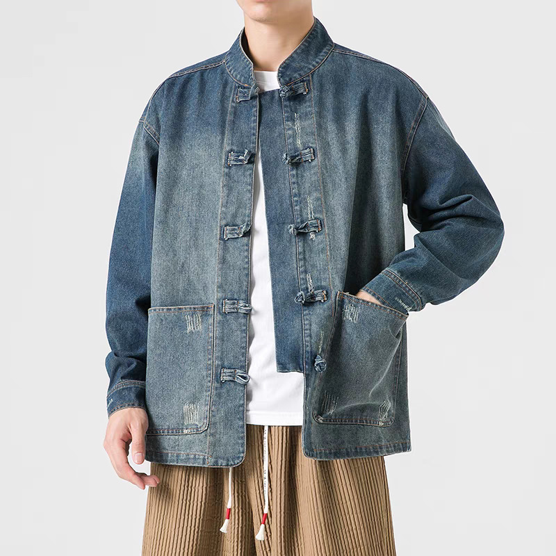New Chinese style denim jacket for men, spring and autumn, trendy loose casual jacket, youthful retro Tang suit top.