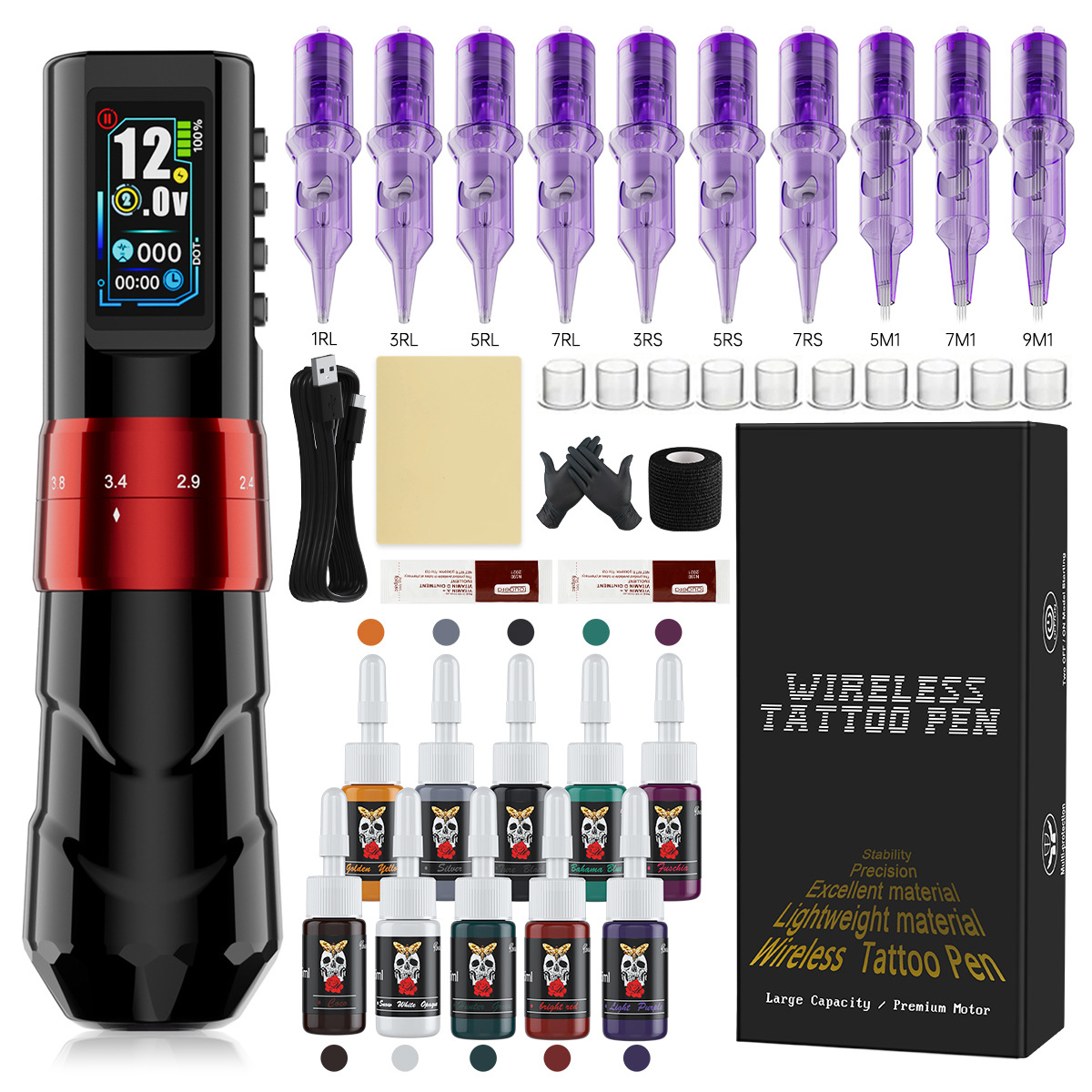 Máquina de tatuaje con motor sin núcleo de carrera ajustable de 4.2 mm, kit de tatuaje con batería dual, bolígrafo de punteado con batería, juego completo.