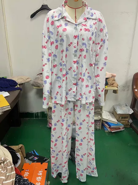 Women's Pajamas suit Long Sleeve Button Shirt Flower Fruit Print Wide Leg Pants Pajamas