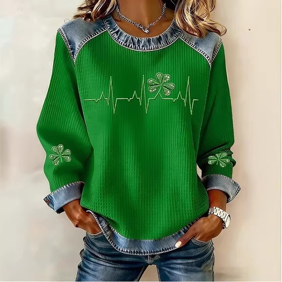 26欧美独立站女装新款休闲圣帕节三叶草3D数码印花华夫格圆领卫衣