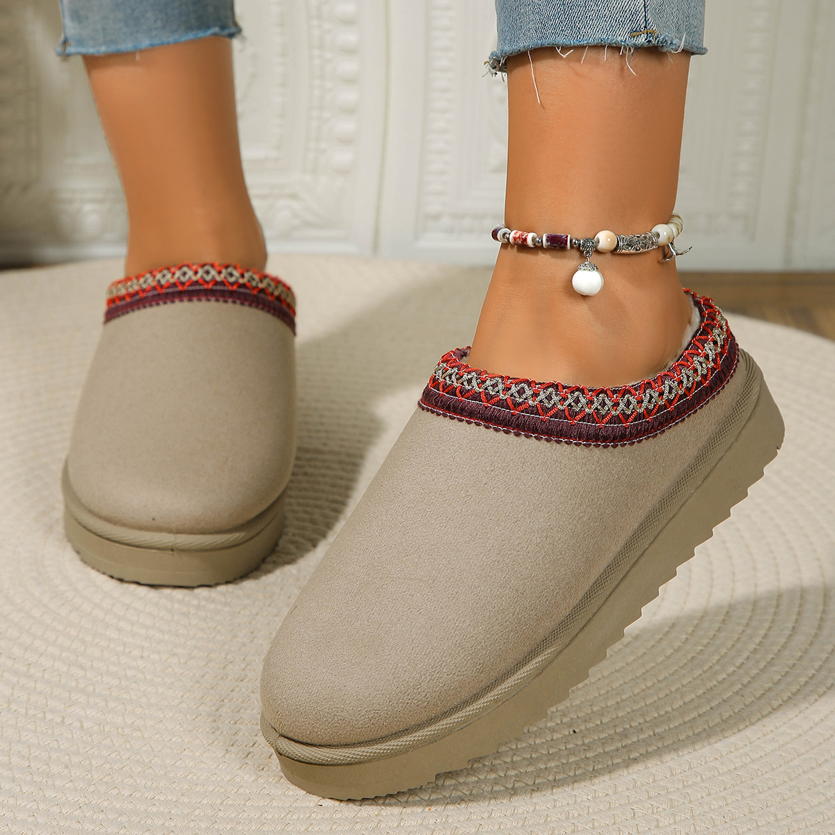 Lace ethnic fashion snow boots women's shoes semi-drag cotton shoes autumn and winter indoor outdoor_viptrois.com
