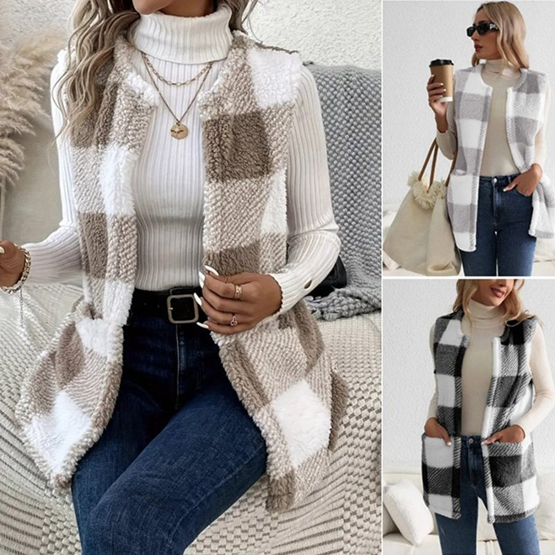 Spot New Amazon Cross-Border New European and American Coats Loose Plaid Women's Cardigan Fashion Foreign Trade Sweater