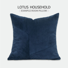 简约现代轻奢蓝色灯芯绒不规则拼接方枕沙发抱枕套靠包样板间50cm
