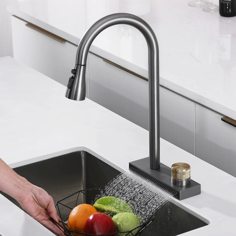 Feiyu waterfall pull-out stainless steel faucet kitchen vegetable basin sink hot and cold faucet universal rotating household