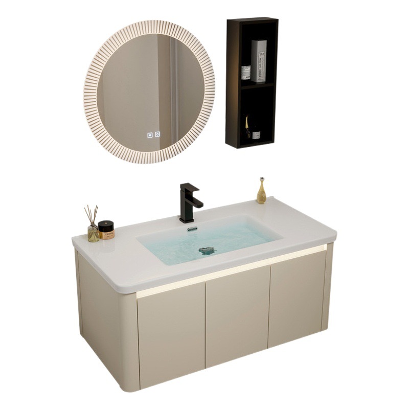 Armario de baño de esquina redondeada de aluminio espacial, combinación de lavabo de cerámica integrado, balcón, lavabo, lavabo, piscina de mesa de lavado
