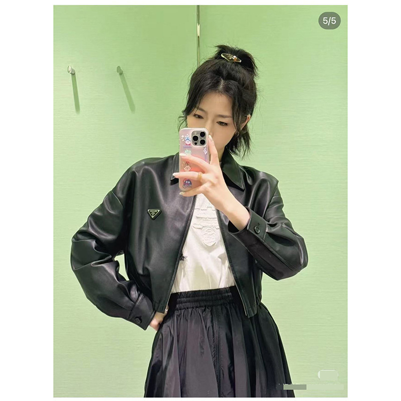新款女装立体剪裁宽松款羊皮短夹克外套三角牌厂家直销|undefined