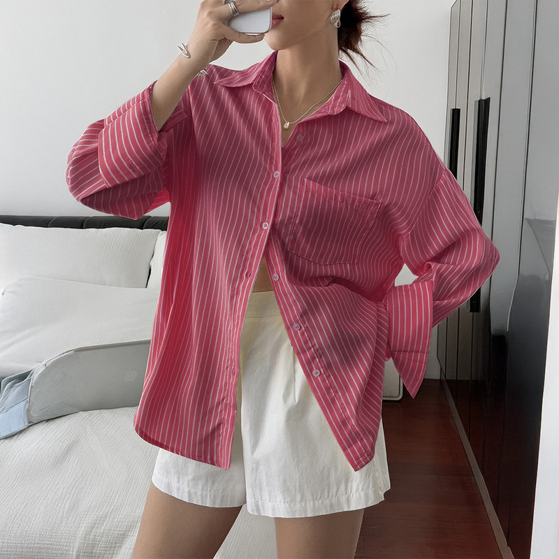 跨境欧美休闲度假条纹长袖高级衬衫女装2025秋冬亚马逊外贸独立站|undefined