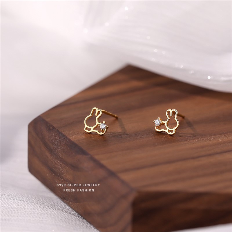 Rabbit Stud Earrings Silver Diamond Studded French Style Jewellery_voghion.com