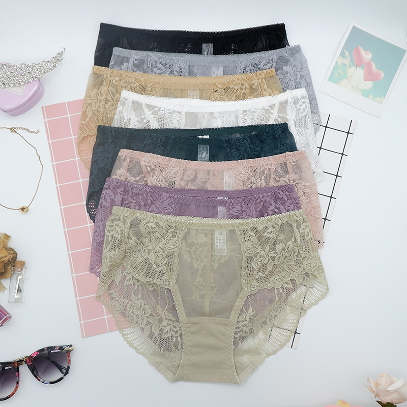K617 Mid-Waist Women's Underwear Lace Sexy Seamless Mesh Large Size Cotton Crotch Breathable Briefs Summer Thin