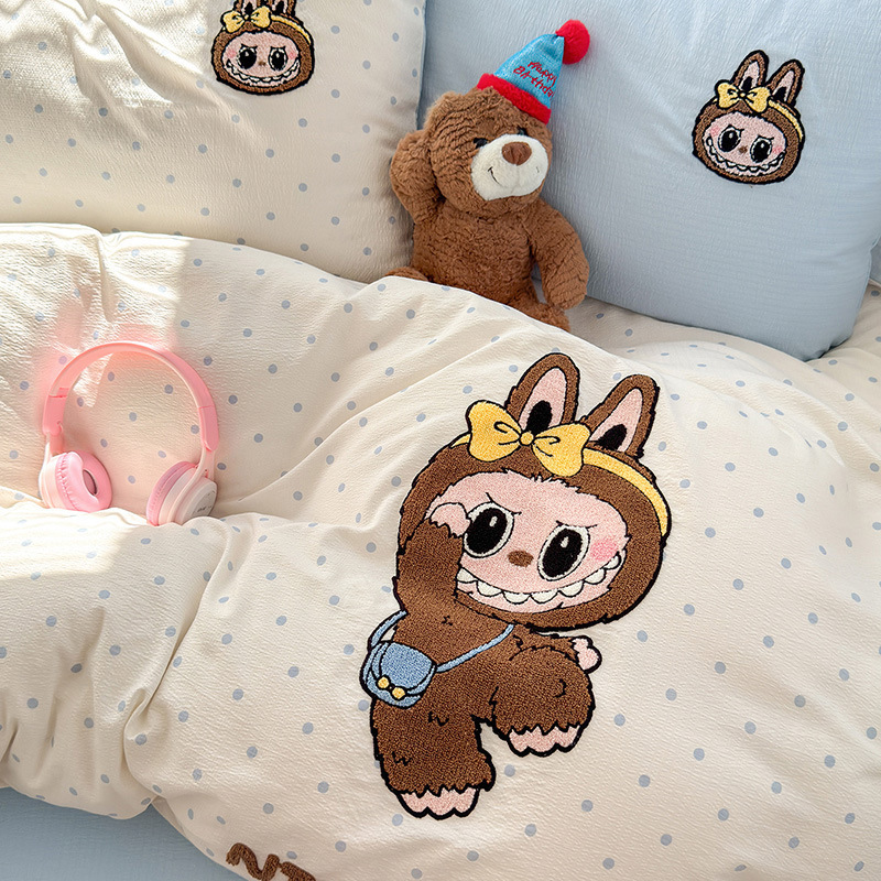 ラブブ かわいい風 漫画タオル刺繍 4点セット クラスA 雲感二重糸 学生寮ベッド 3点セット|undefined