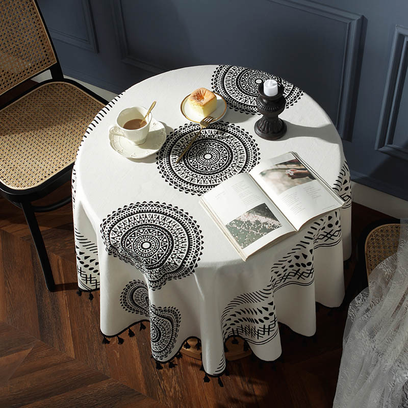 Bohemian Mandala Print Black Tassel Round Table Cloth Coffee Table Cloth display picture 3