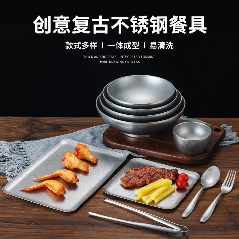 Vintage Stainless Steel Ramen Bowl Bucket Bowl Double-Layer Rice Bowl Old Soup Bowl Square Plate Snack Plate Camping Tableware