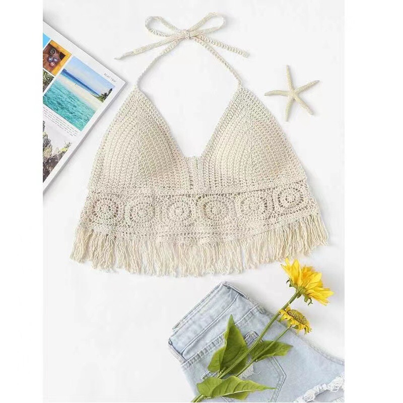 Cross-border Sexy Neck Strap Hollow Tassel Knitted Beach Bikini Swimwear Women's Chest Wrap Top