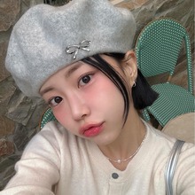 韩国秋冬新款金属蝴蝶结毛呢贝雷帽女早春百搭可爱显脸小画家帽子