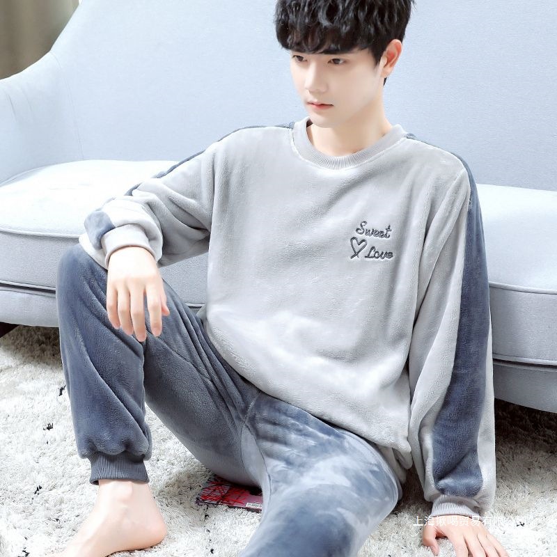 Men's Three-Piece Coral Fleece Pajamas Winter Thickened Nightgown Bathrobe Home Wear Plus Size Trousers Flannel Set