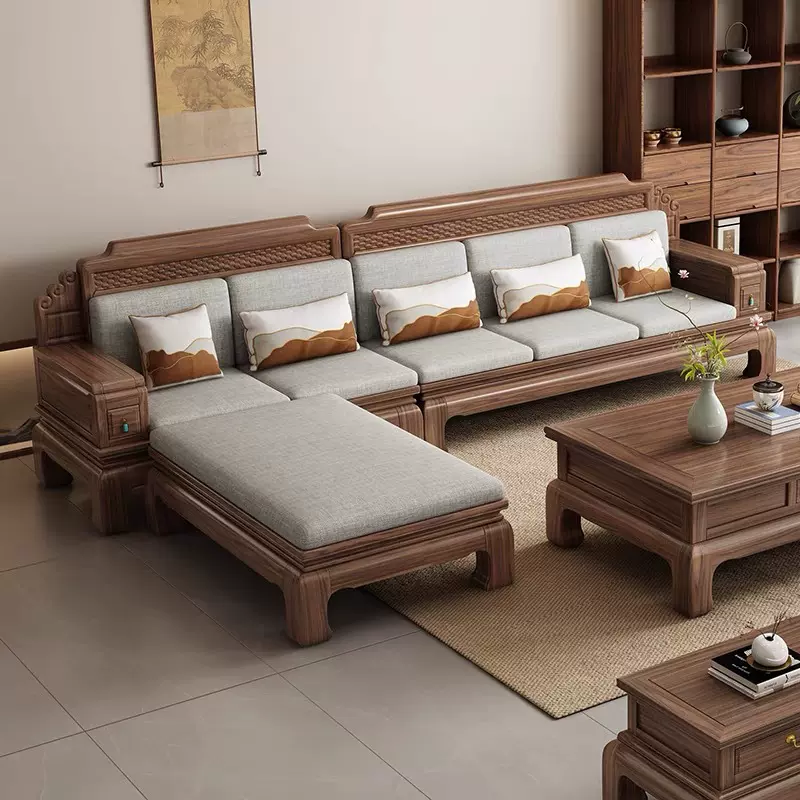 新中式北美黑胡桃木沙发客厅全实木组合套装两用实木沙发大小户型