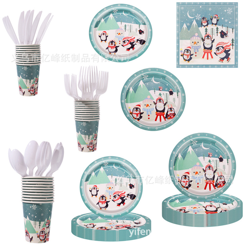 Christmas Theme Blue Snowman Penguin Disposable Tableware suit Paper Tray Paper Cup Tissue Party Decoration Supplies
