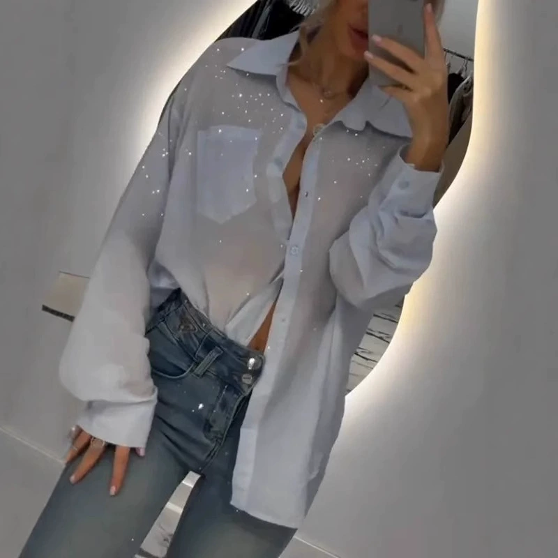 2025 Весна/Лето Новая популярная европейская и американская рубашка с пайетками, тонкая рубашка, женский кардиган, свободный топ для женщин.