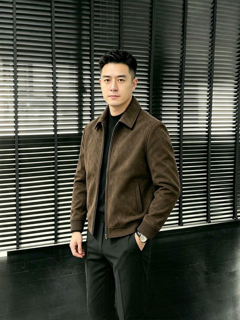 Suede leather jacket for men, leather jacket with a turn-down col