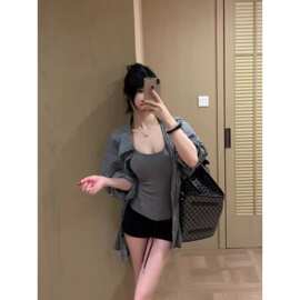 复古慵懒感撞色条纹叠穿外搭衬衫女新款夏季显瘦百搭polo领上衣服