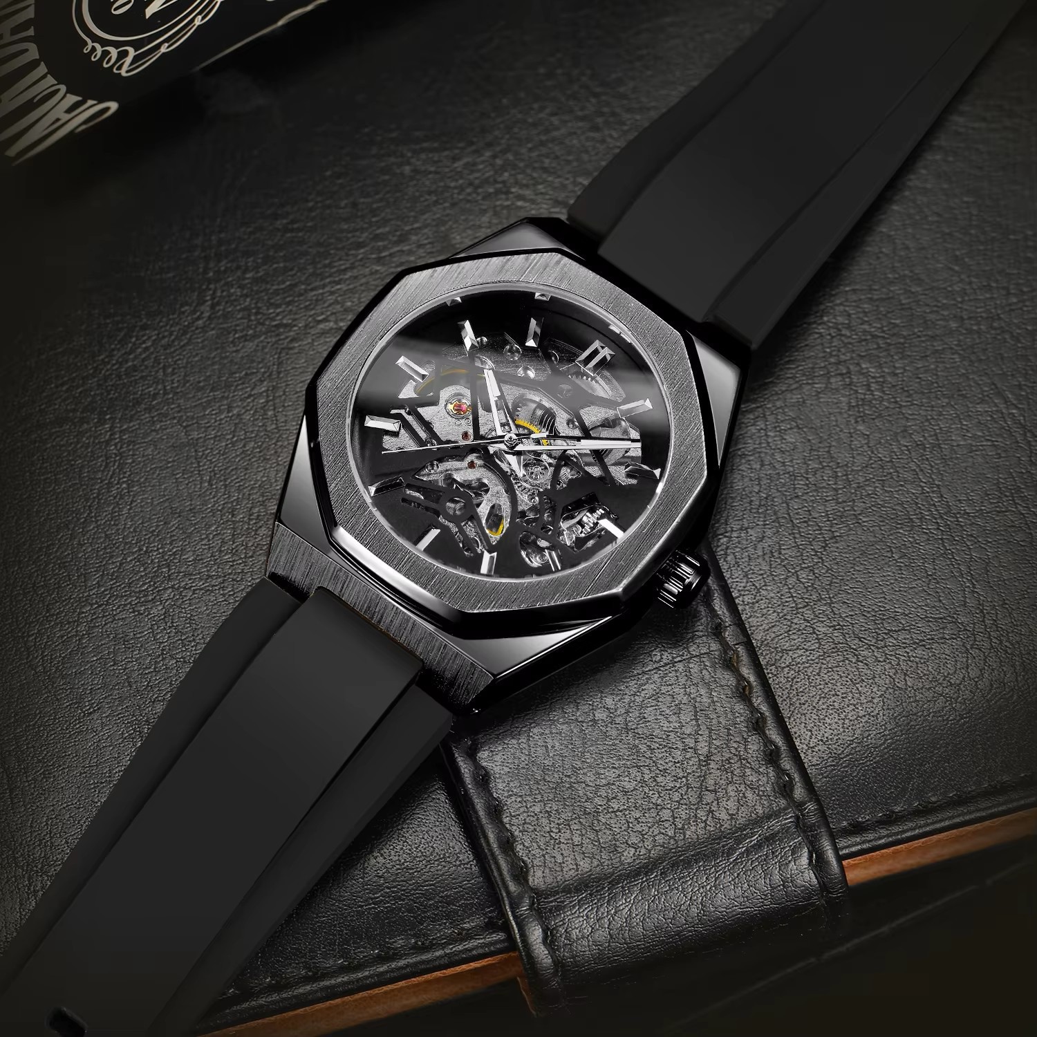 Men's Mechanical Skeleton Watch Silver Automatic Rubber Strap_voghion.com