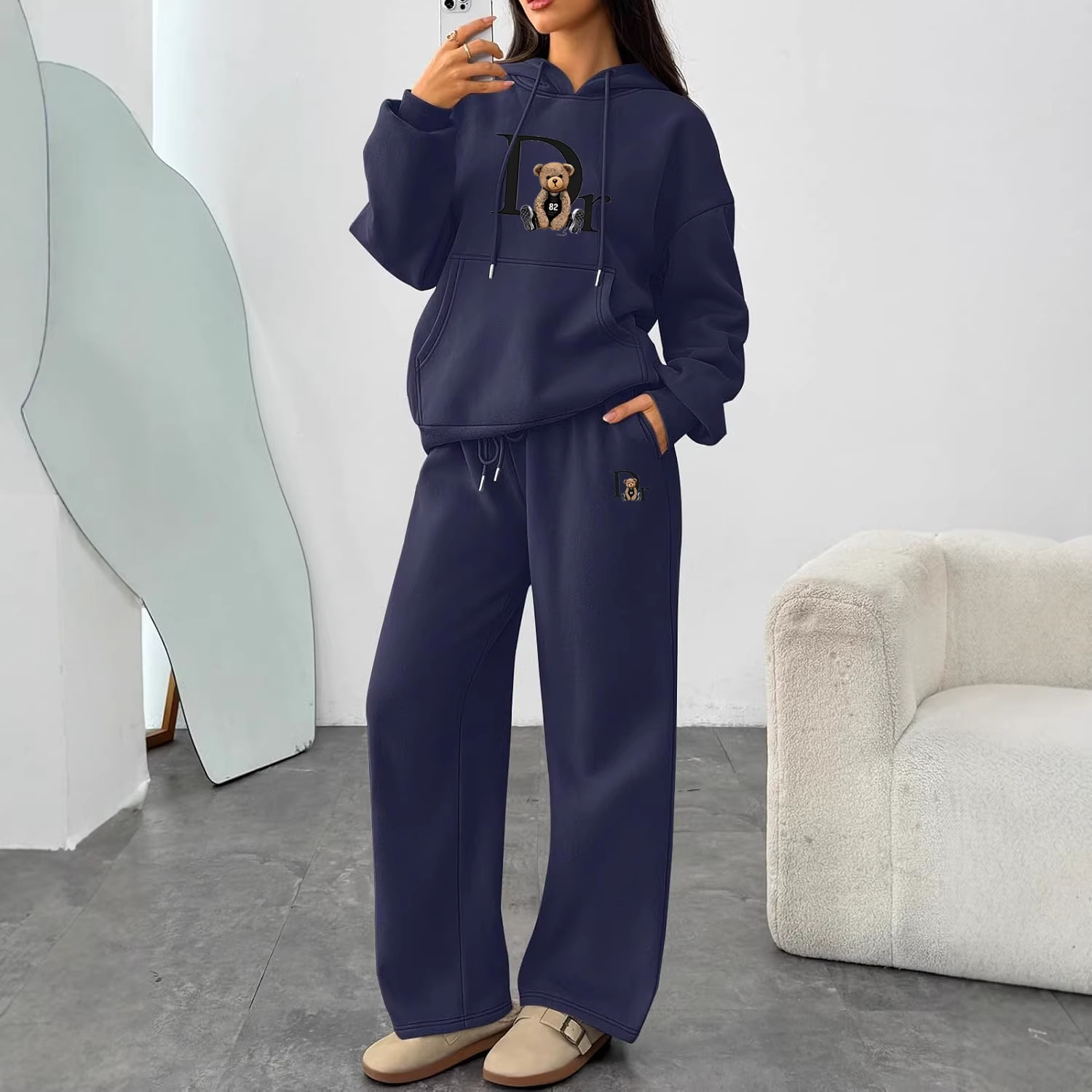 Conjunto de sudadera con capucha y pantalones de pierna ancha y rectos, con estampado de letras, de otoño e invierno, de comercio electrónico transfronterizo_voghion.com