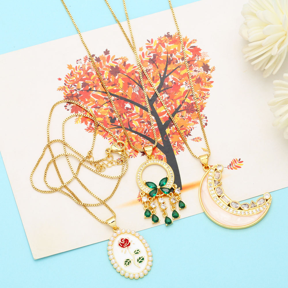 Fashion Moon Flower Copper Plating Inlay Pearl Zircon Pendant Necklace 1 Piece