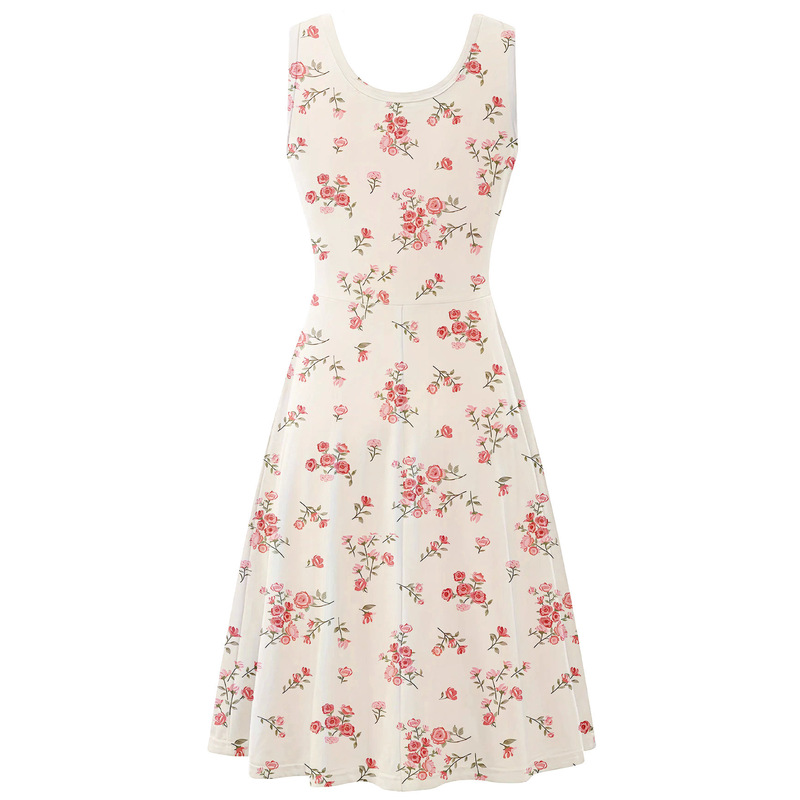 Women's Sleeveless Floral Print Slim Fit Flared Midi Dress - Round Elastic Casual Elegant Solid Color Dress