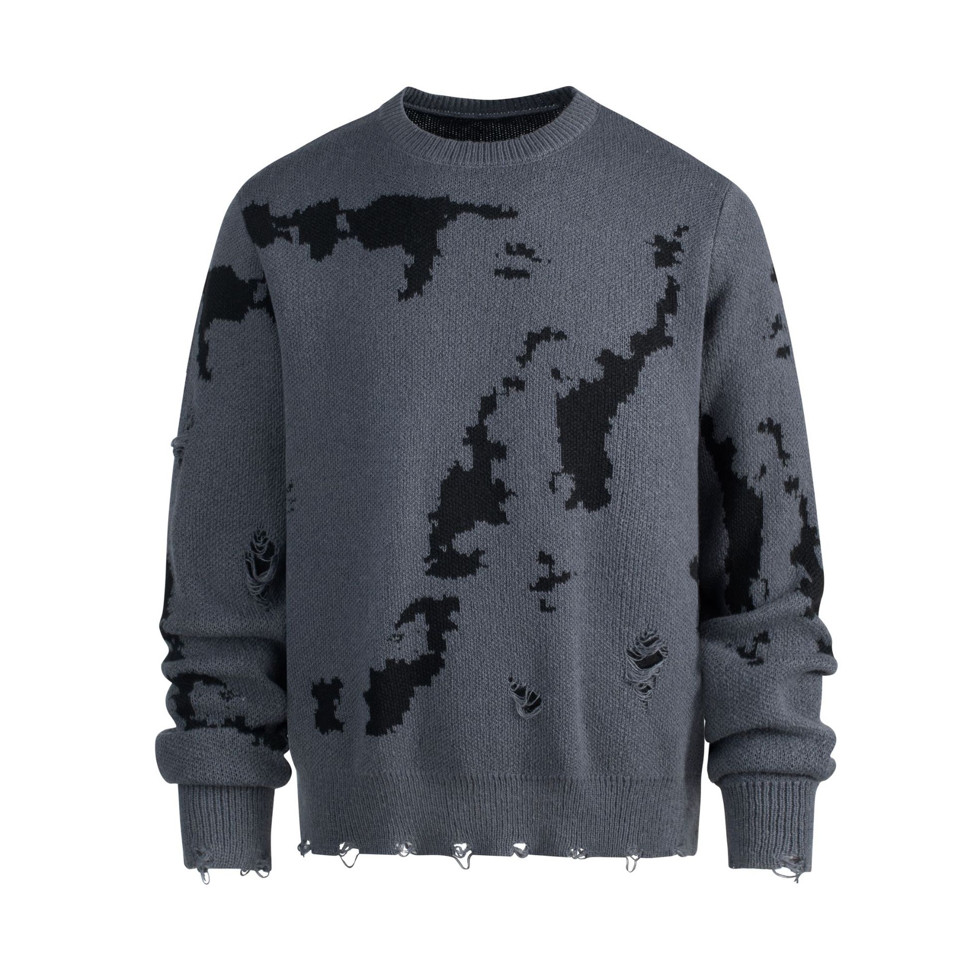 Retro Hip-Hop Graffiti Print Sweater - Unisex Oversized Pullover, Streetwear Casual Knit Top For Men & Women (Black/White, Black/Grey, Black/Blue)_voghion.com