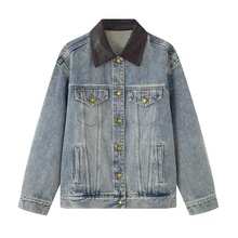 现货2025秋季新款宽松休闲工装风复古拼接皮翻领牛仔外套AR103046