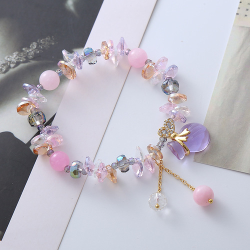 New Fresh Pink Stone Crystal Bracelet for Women, Simple Colorful Bracelet, Elastic Design Bead Jewelry Gift