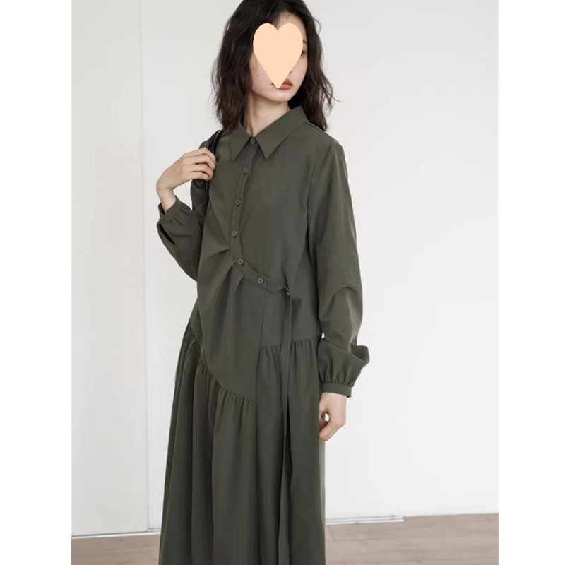法式高级感衬衫连衣裙女春秋大码胖复古斜扣设计感小众气质裙子|undefined
