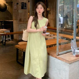韩系显瘦小清新绿色背心连衣裙女春季2025新款中长款休闲宽松裙子