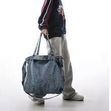 跨境新款小众水洗牛仔布斜挎包男大容量休闲单肩包女潮文艺手提包